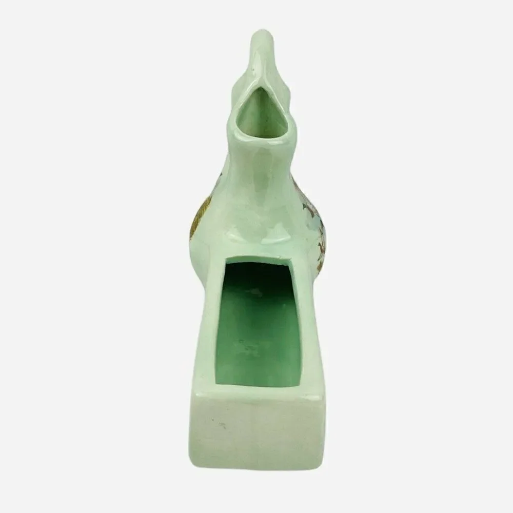 RARE VTG Green Double Opening Spout Bud Vase Planter Geese Mallard Duck Signed